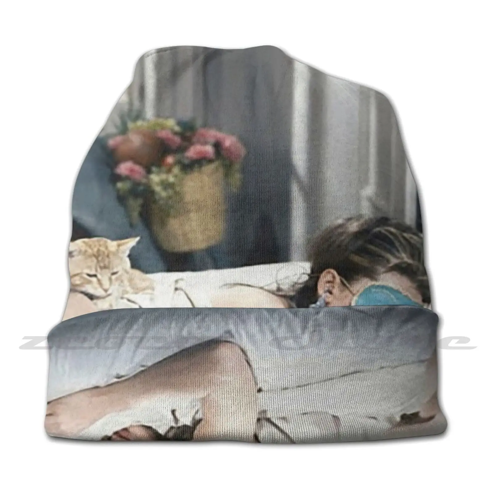 Diamond On Sofa Personalized Pattern Knit Hats Plus Size Elastic Soft Cap Audrey Hepburn Diamond On Sofa 60S New York Cat Mood