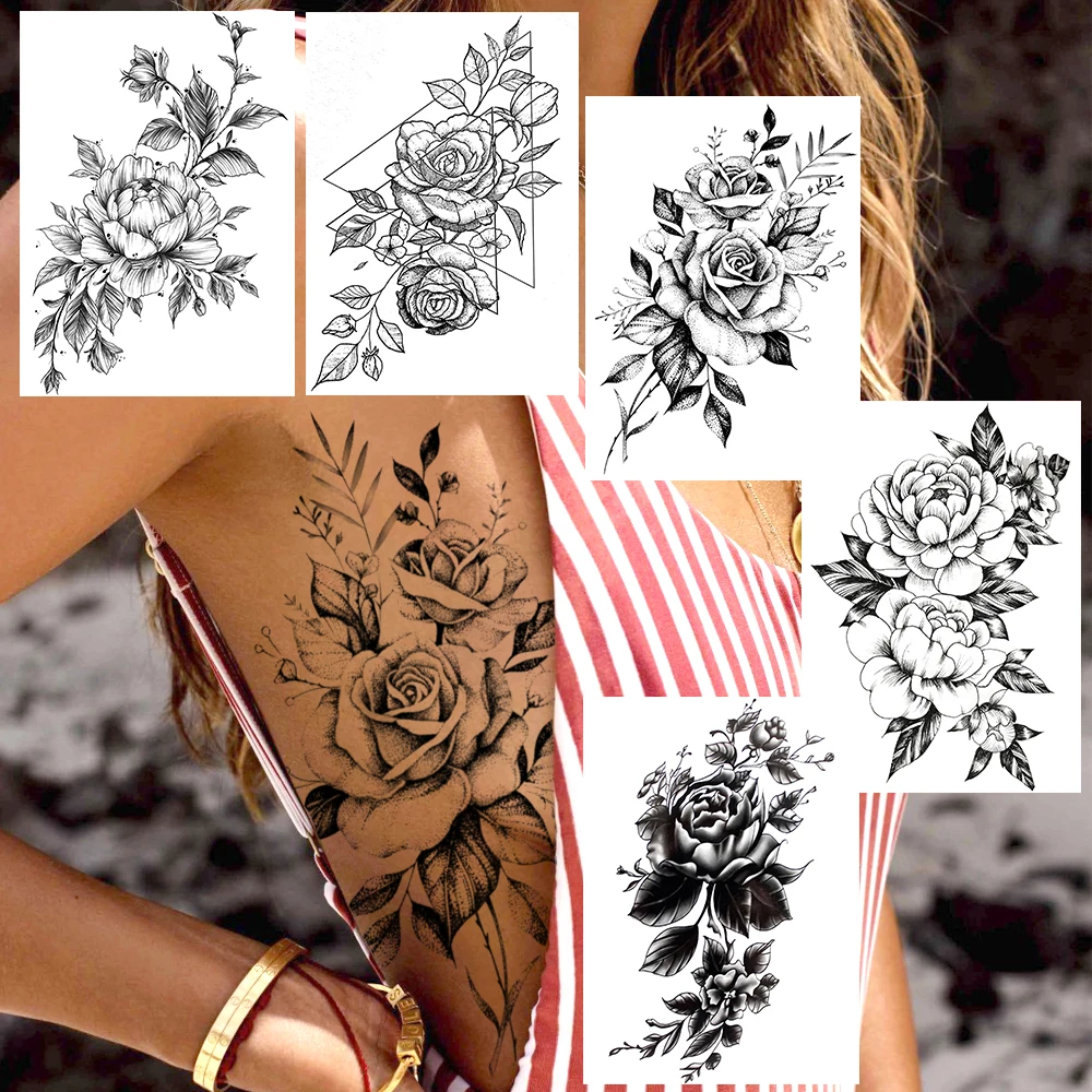 Sexy preto rosa tatuagens temporárias para mulheres braço de volta flor tatoos adultos peônia bloossom corpo arte falso tatuagem floral papel colar