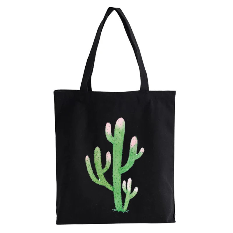 Bolso de compras reutilizable con estampado de Cactus para mujer, bolsa de lona con estampado de dibujos animados, ecológico, bolso de hombro plegable