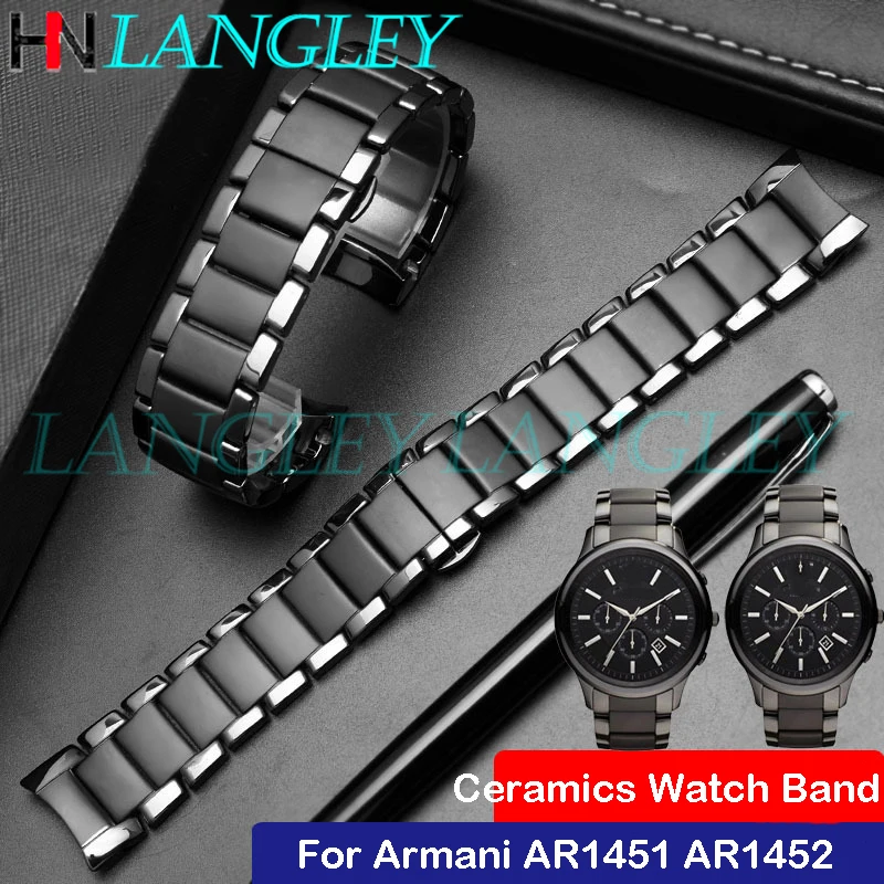 Black Ceramic Watch Band WristStrap 22mm 24mm for Armani Watch AR1451 AR1452 Buckle Replacement Watchband Bracelet