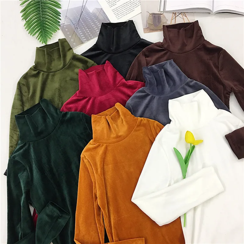 Women 2020 Fall and Winter Solid Turtleneck Thermal Velvet Bottoming Shirt Long Sleeve Pullover Warm T-Shirt mujer