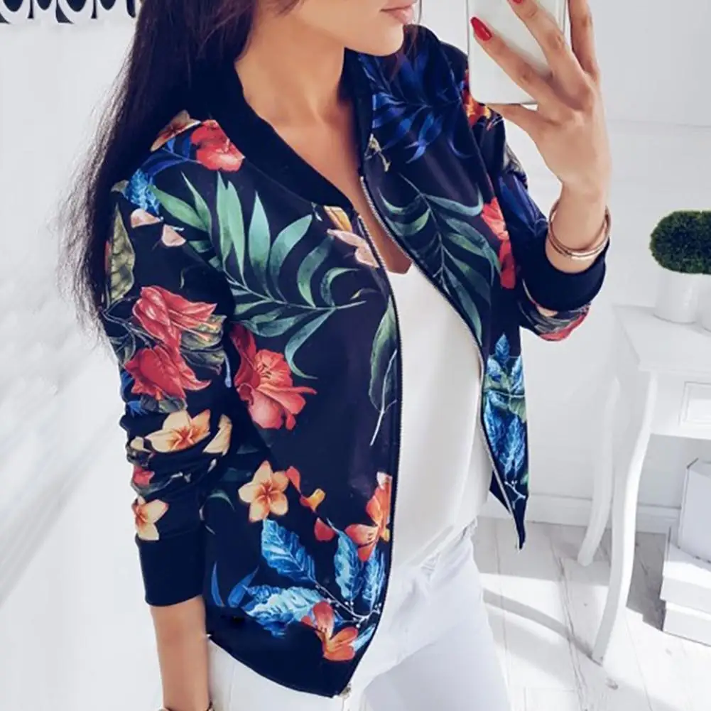 Fashion Flower Leaves Printing Women Jacket Long Sleeve Lady Baseball Sports Outwear Overcoat Jacket Zipper Coat chaqueta mujer