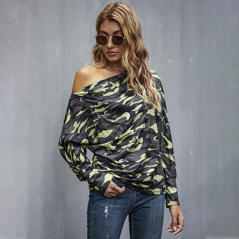 Womens Off-shoulder T-shirts Fashion Camouflage Knit Loose Bottoming Shirt  Fall Winter Long Sleeve Casual Women T-shirt Tops