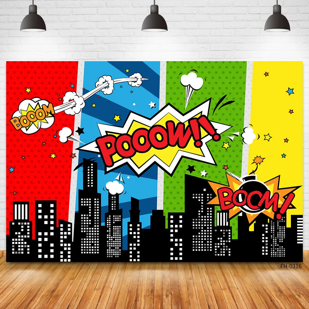 Custom Name Comics Superhero City Buildings Kids Birthday Party Photography Backdrops Children Photo Background Photocall Props