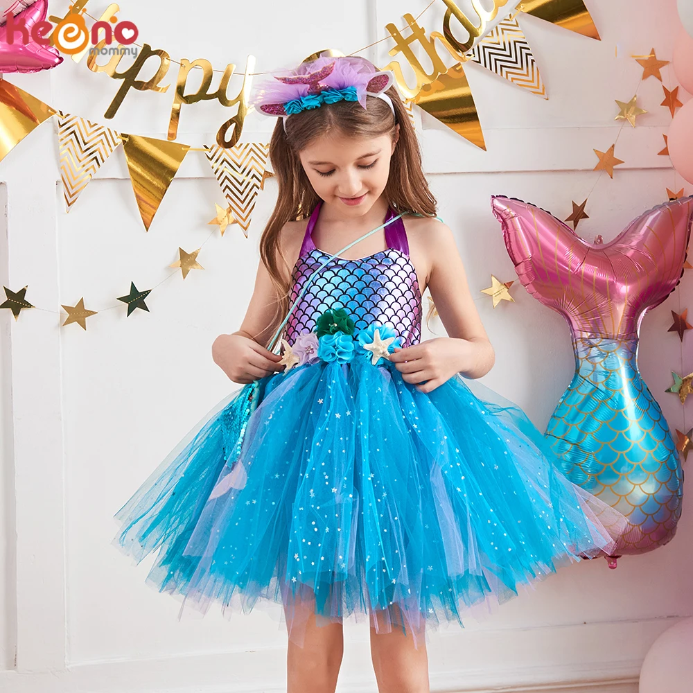 Girls Flower Mermaid Fancy Tutu Dress Headband Costume Kids Princess Robe Birthday Party Halloween Clothes Tulle Vestidos