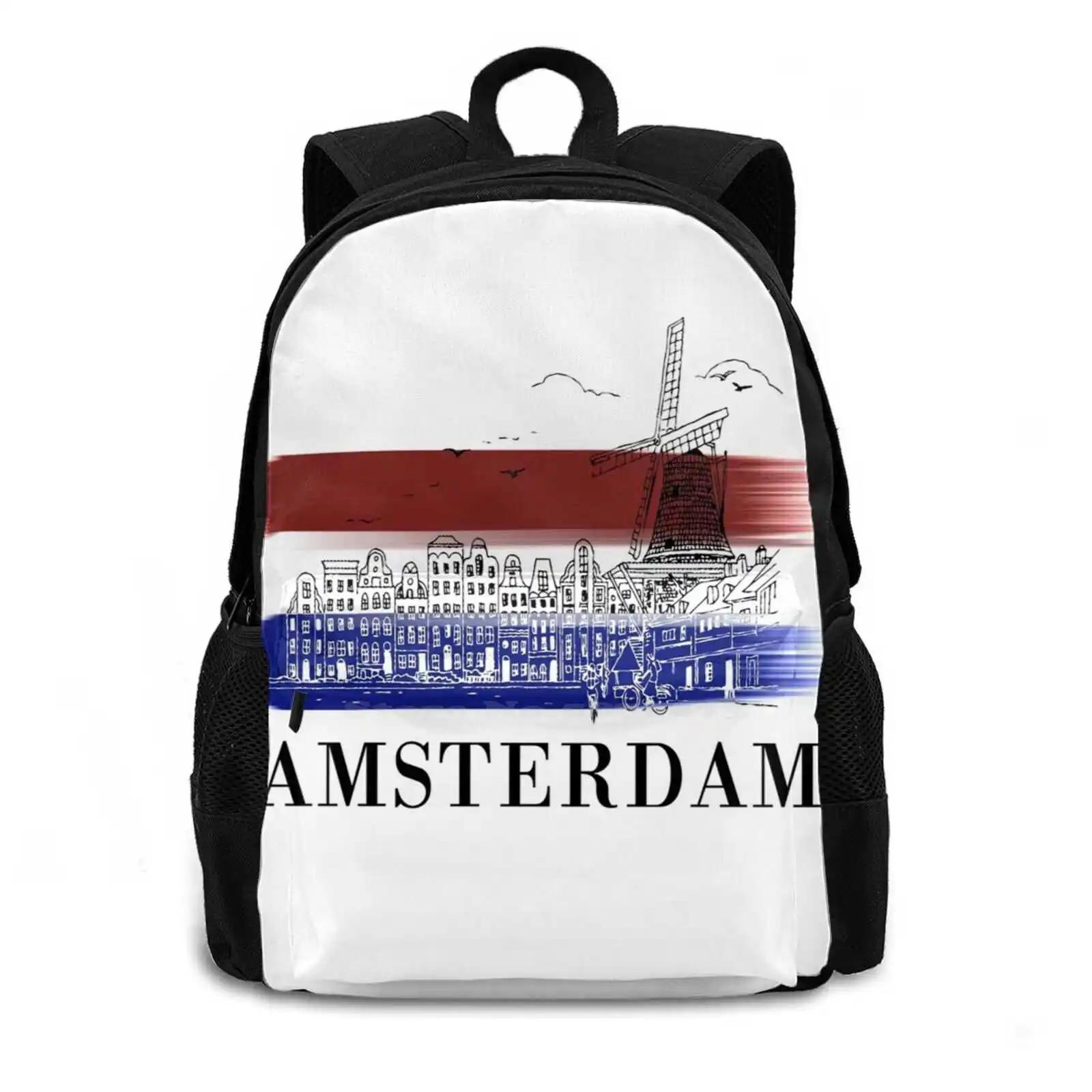 Amsterdam Skyline Sketch With Netherlands Flag Background Hot Sale Schoolbag Backpack Fashion Bags Amsterdam Amsterdam