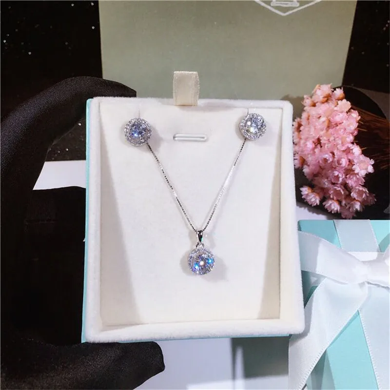 Jewelry Sets For Women 925 Silver Needle Necklaces Pendant Stud Earrings Zirconia Bridal Wedding Engagement Accessory CCAS229