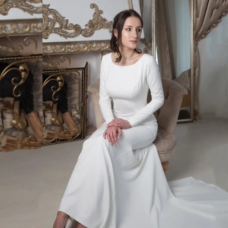 Robe de mariée sirène à manches longues, élégante, simple, classique, gaine, col rond, train de balayage, dos nu, sur mesure, 2024