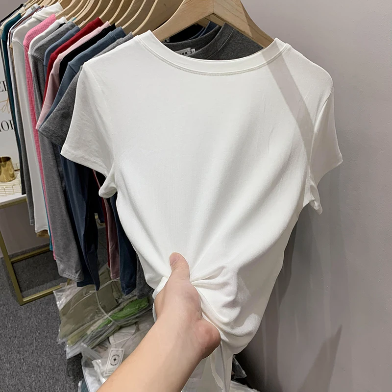 2022 New 100% Cotton T Shirt Women Summer Slim Solid Basic Tees Casual Tshirt Korean O Neck Black White Gray Short Sleeve Tops