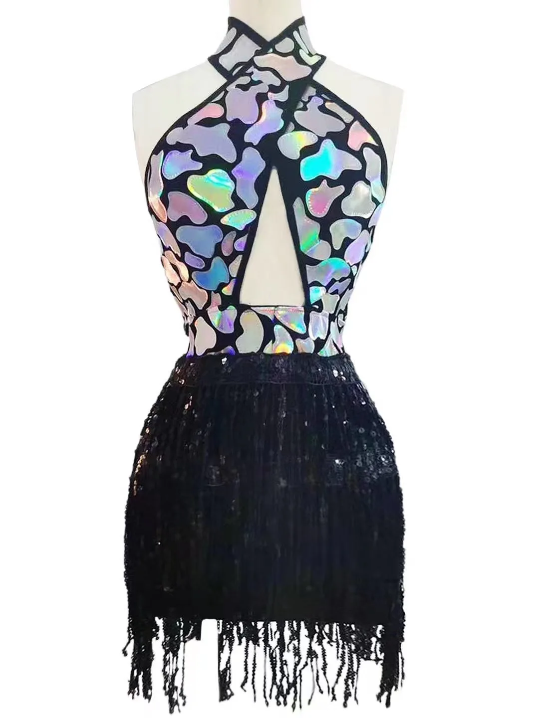Błyszcząca cekinowa krótka sukienka z frędzlami dla kobiet Urodziny Prom Party Strój Seksowny kostium taneczny bez pleców do klubu nocnego