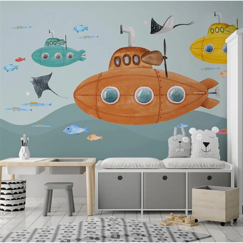 

wellyu Customized large mural HD hand-painted cartoon submarine underwater world children's room background wall wallpaper