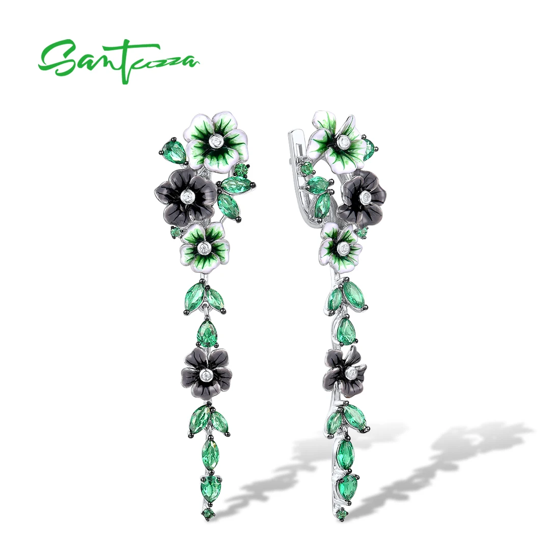 

SANTUZZA Silver Earrings For Women Pure 925 Sterling Silver Green Spinel White CZ Blooming Flowers Fine Jewelry Handmade Enamel