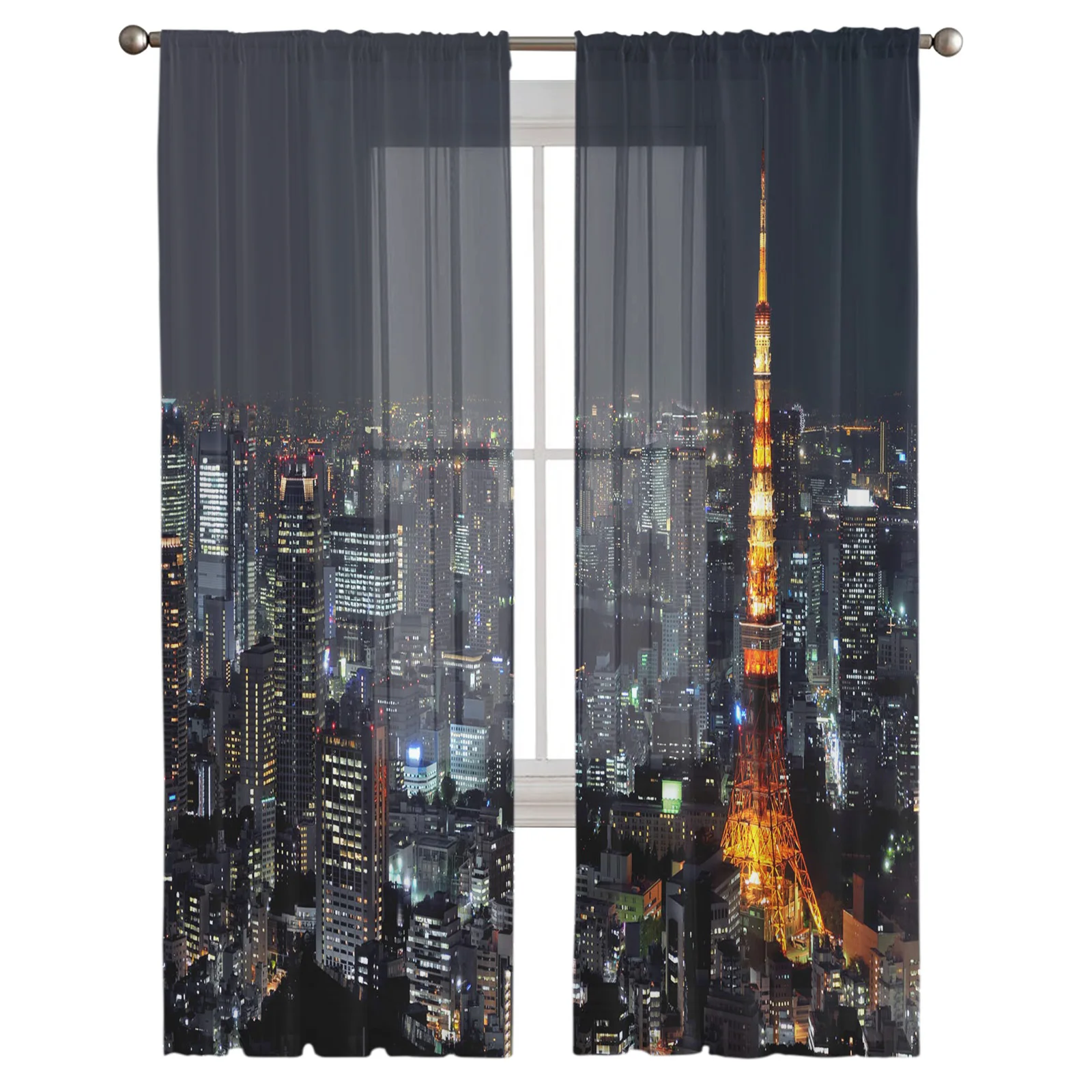 City Tokyo Tower Night Building Scenery Sheer Curtains for Living Room Tulle for Windows Voile Yarn Short Bedroom Curtains