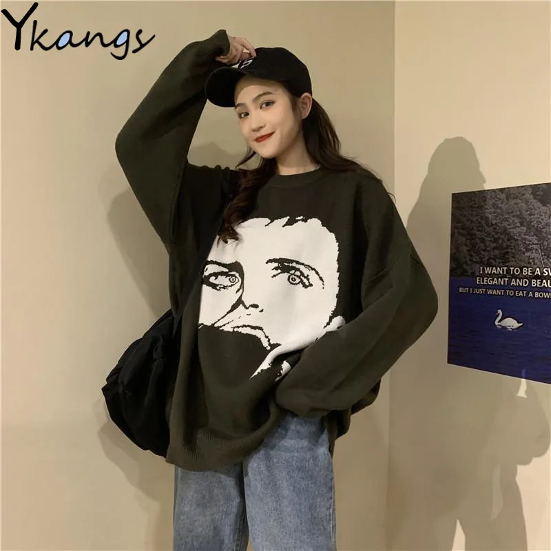 

Women Harajuku Streetwear Christmas Sweater Figure Face Print Crewnecks Shirts Oversize Korean Style Clothes Hip Hop Pullovers