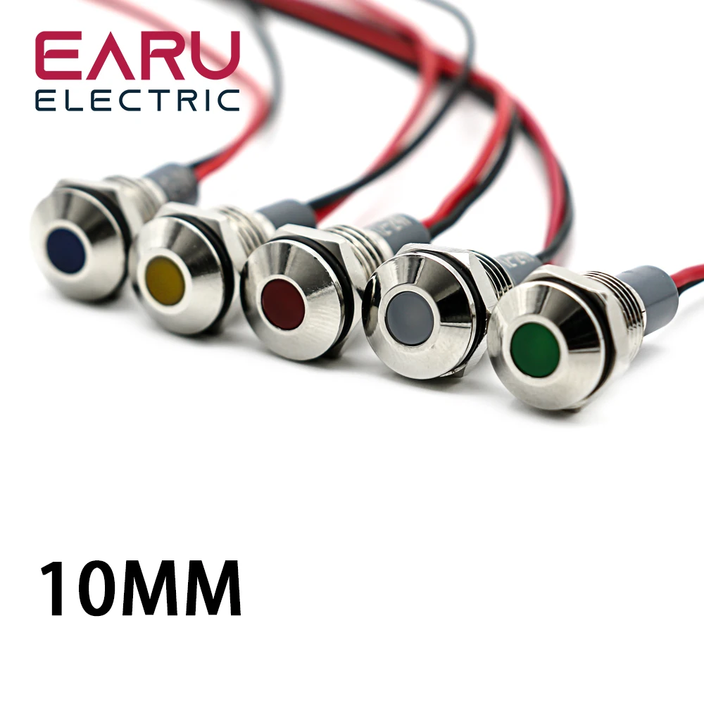 10mm Metal LED Warning indicator light Waterproof IP67 Signal Lamp Pilot Wires switch 5/12/24/220V Red Green Blue White Yellow