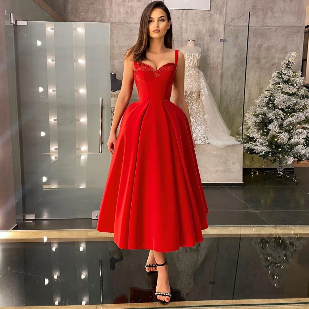 

New Charming Red Homecoming Dresses Mid Calf Length Cocktail Gowns Sleeveless Sweetheart with Straps Party 2022 On Sale