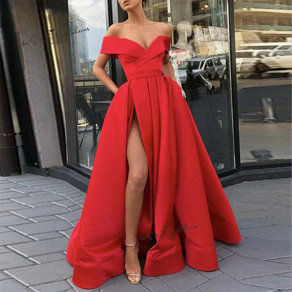 

Sexy Pink Red Long Prom Dresses 2020 off Shoulder Satin Split Side Special Occasion Party Evening Gowns with Pockets Robe de Bal