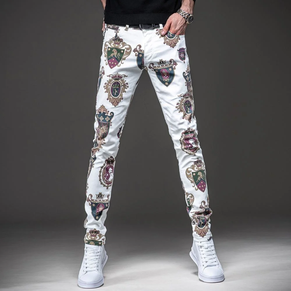 Clássico masculino cavalo leão impresso jeans floral colorido desenho estiramento denim calças de ajuste fino nightclub moda calças