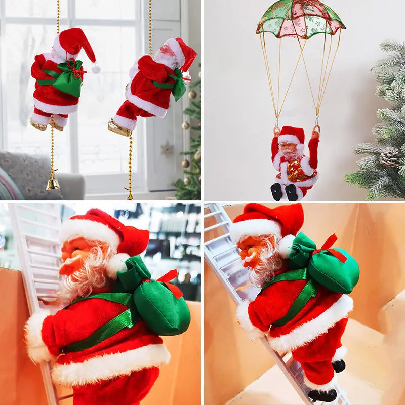 Christmas Decor Electric Santa Claus Climbing Beads Stairs Parachute Action Figure Dolls Toys Creative Children\'s Christmas Gift