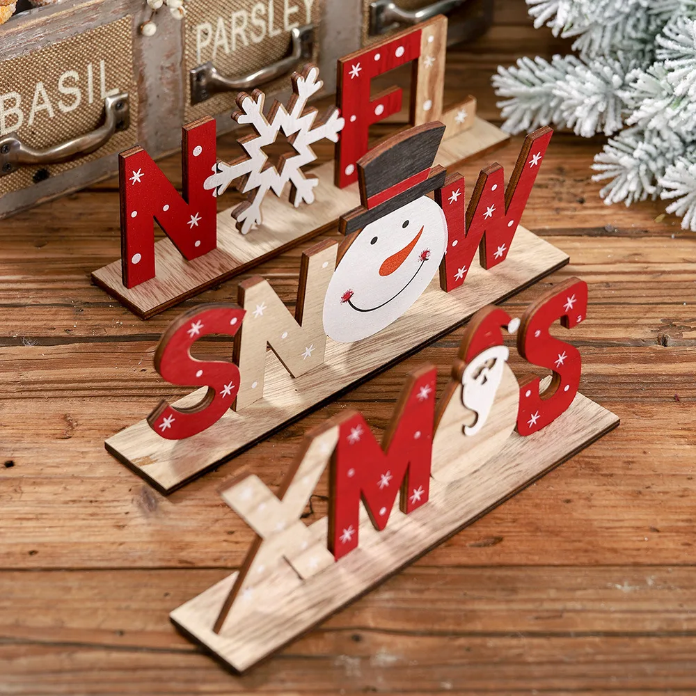 Wooden Christmas Decorations Xmas Snow Noel Letter Table Ornaments Merry Christmas Party Decor For Home 2024 Naviidad Gifts Fav