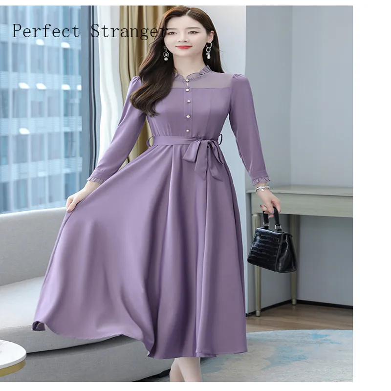 2021 Autumn Winter New Arrival OL Lady Clothing Satin Chiffon Solid Color Long Sleeve  Women Chiffon Long Dress