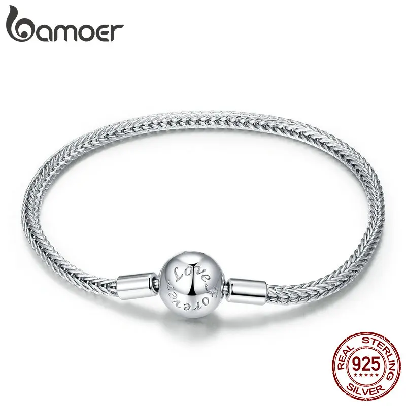 bamoer Authentic 925 Sterling Silver Snake Charm Bracelet with Simple Basic Bracelet Safety Chain DIY Bracelets SCB201