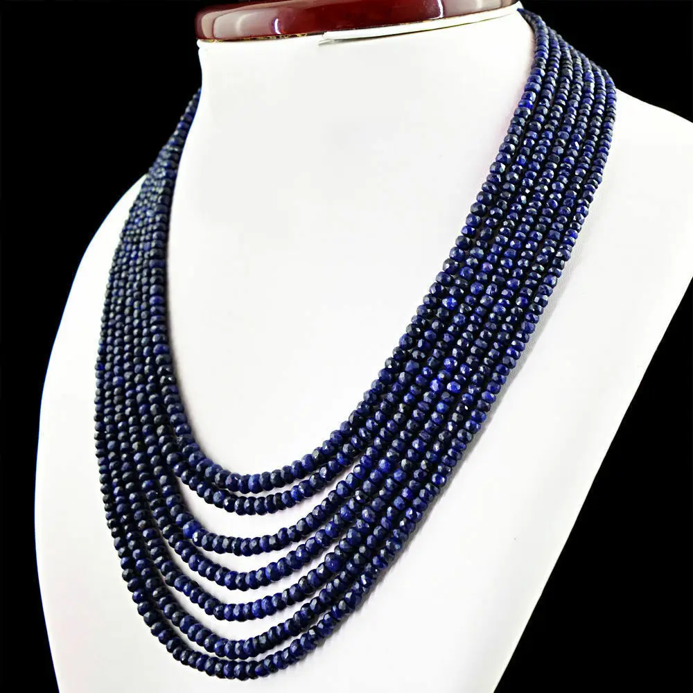 Genuine Natural 7 Rows Blue Sapphire Faceted Gems Beads Necklace 17-23\'\'