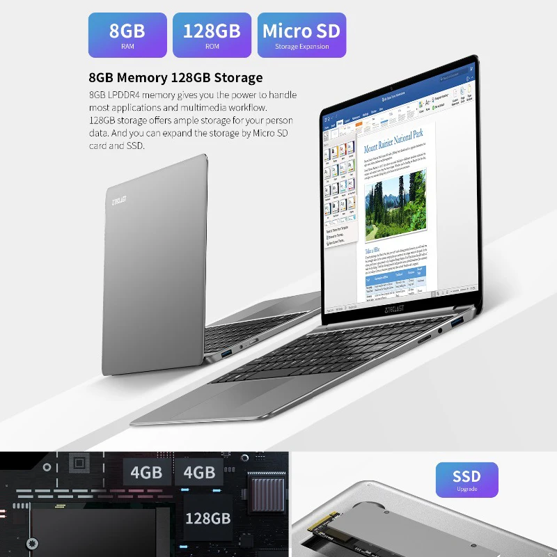 Teclast-F7S 노트북 14.1 인치 8 GB RAM 128 GB SSD 윈도우즈 10 인텔 N3350 듀얼 코어 2.4GHz 2.0MP 전면 카메라, 7 시간 믹스 사용 노트북