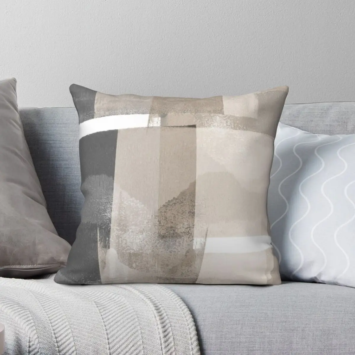 Grey And Beige Geometric Abstract Pillowcase Polyester Linen Velvet Creative Zip Decor Pillow Case Sofa Seater Cushion Cover