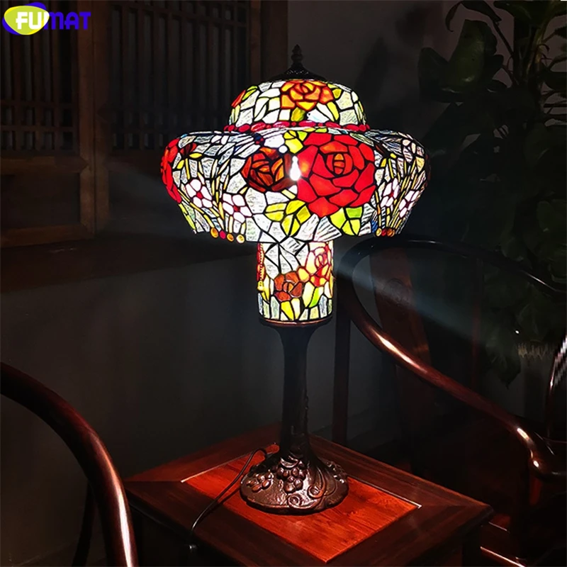 FUMAT Rose Bouquet Tiffany Home Decor Table Lamp Stained Glass Desk Light Crown Garden Lighting Double-deck Classical Art Lights