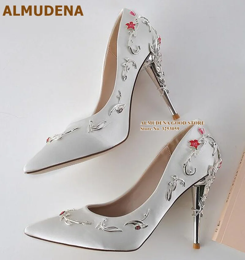 ALMUDENA Luxury 3D Flowers Wedding Shoes Satin Fabric Metal Floral Heels Party Shoes Pointed Toe Gladiator Pumps Size42 Dropship