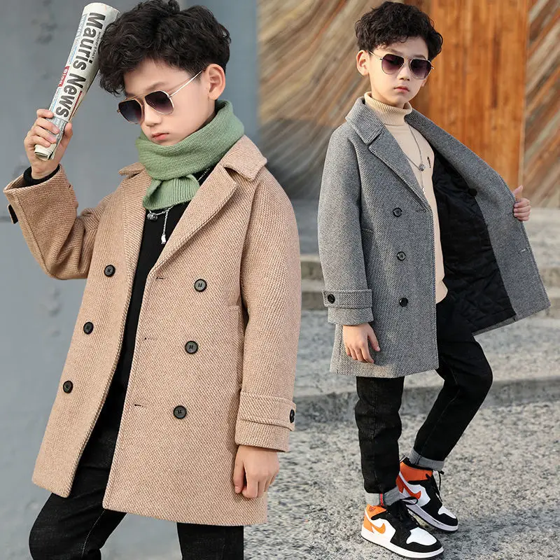 Boy Woolen Coat 2023 Autumn Winter Jacket New Fashion Turn Collar Solid Double-Breasted Children\'s Outerwear Trench High Quality