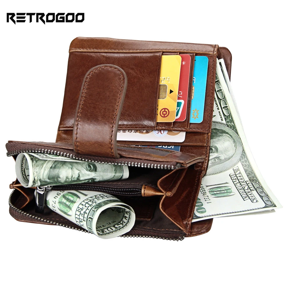 

RETROGOO RFID Men Short Wallet Genuine Leather Male Wallets Purse Card Holde Zipper Pocket Coin Bag Hasp Vintage Cowboy Cartera