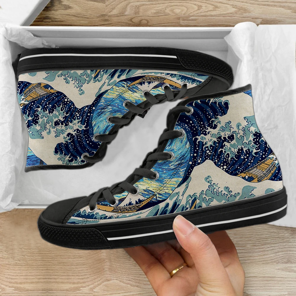 INSTANTARTS Japanese Ocean Waves Painting Vulcanized Shoes Women Canvas High Top Flat Shoes Casual Lace Up Sneakers for Ladies