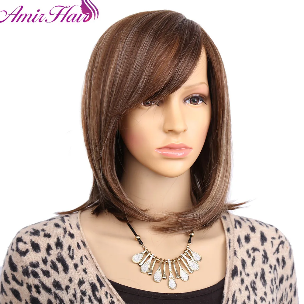 Amir Short Synthetic Hair Wigs Bob Hairstyle Straight Hair With Part Side Bangs For Black Women Mixed Color Heat Resistant Fiber