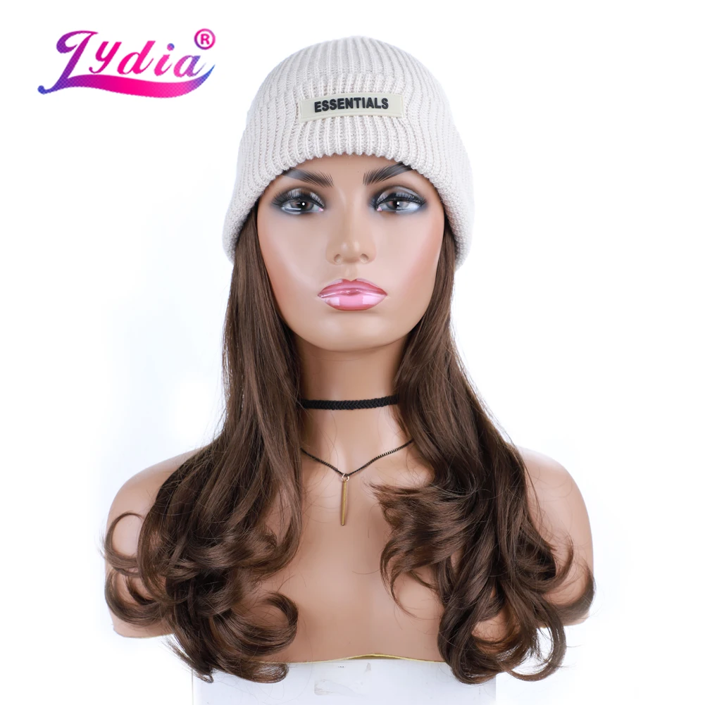 Lydia Adjustable Long Wavy Synthetic Hair Extensions Autumn Winter Knitted Beanie Hat All-in-one Easy to Wear Curly Wig