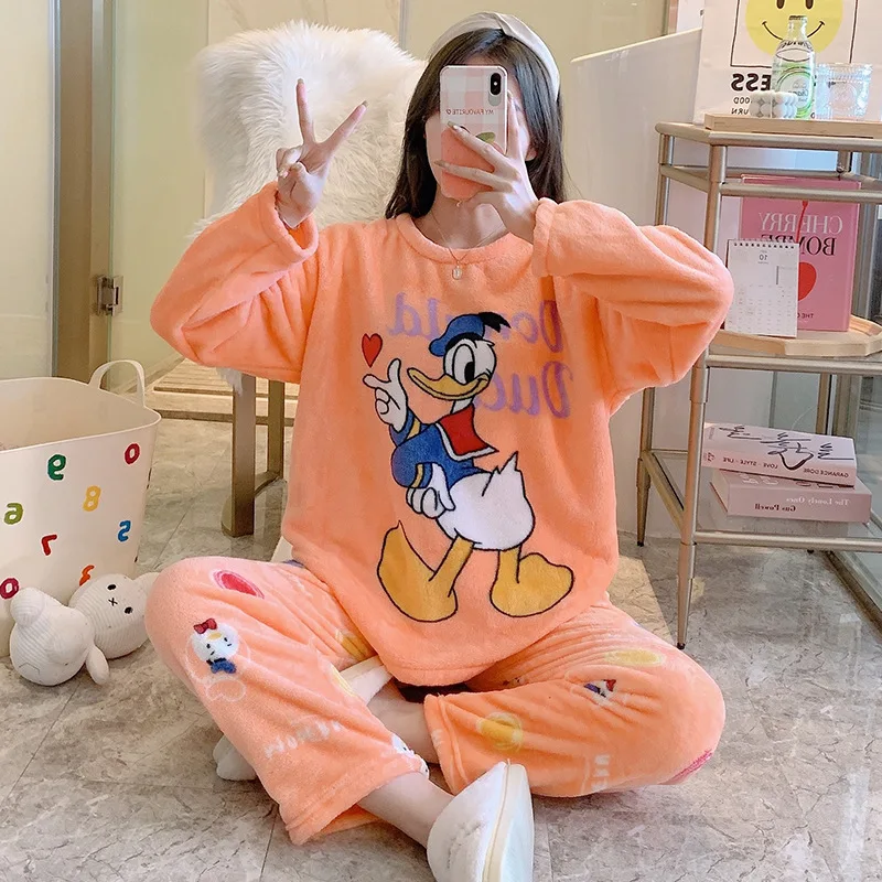 Pajamas Women Mickey Donald Duck Cute Thickened Flannel Winter Cartoon Long-Sleeved Home Service Suit