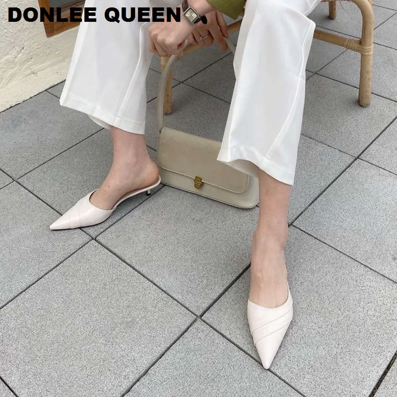 Brand Slippers Women Pointed Toe Slides Women Low Heel Mules Thin Heel Slippers Outdoor Flip Flops  Pleated Shoes Female Sandals