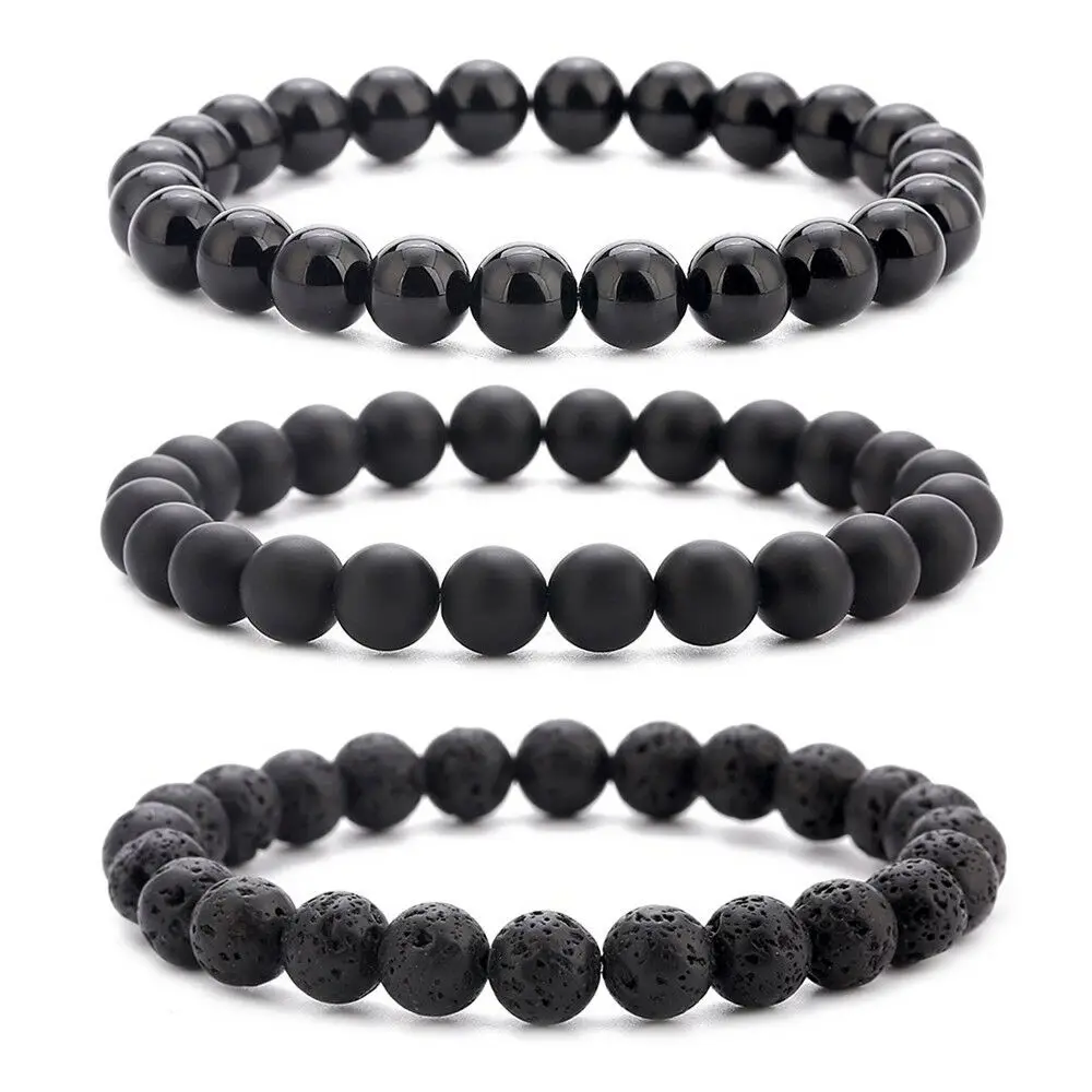 Quartz Bracelet 8mm Natural Stone Round Bead Lava Tiger Eye Black Onyx Energy Healing Beaded Hand Bangle Yoga Women Men Jewelry