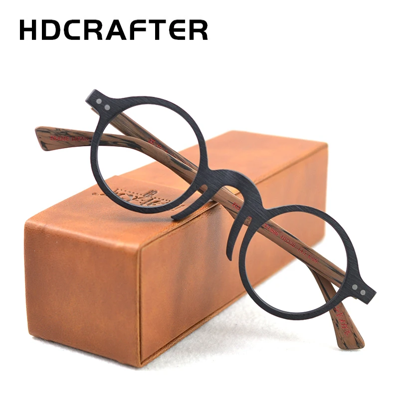 HDCRAFTER Wood Acetate Optical Glasses Frame Men Retro Vintage Round Prescription Eyeglasses Women Spectacle Myopia Eyewear