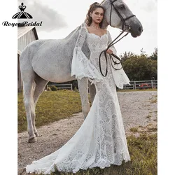 Vestido Boheme Sirena Boho Abito da sposa Manica lunga svasata Backless Scollo a V Abito da sposa in pizzo Vestido de Noiva Personalizzato 2025