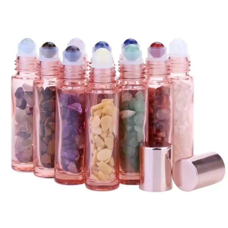 

Rose Gold Natural Gemstone Roll On Bottles Empty Crystal Roller Ball Essential Oil Container LX4117