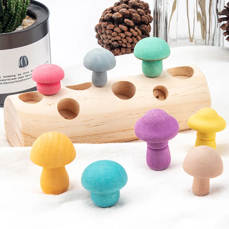 Wooden Rainbow Blocks Colorful Mushroom Shape Size Sorting Toy Matching Game for Baby Kids Montessori Educational Wood Toys