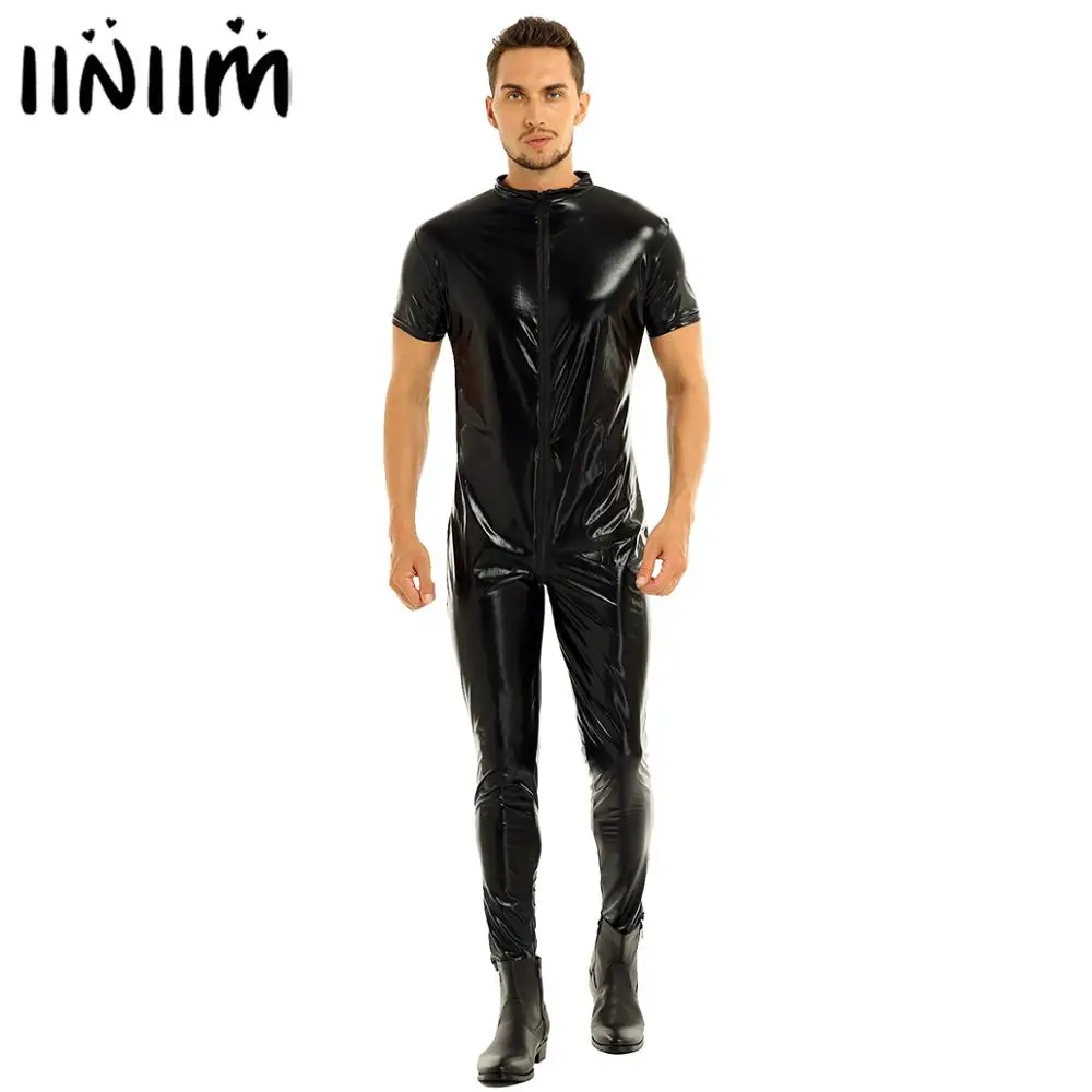 iiniim Mens Stretchy Faux Leather Short Sleeves Zipper Crotch Full Body Leotard Bodysuit Clubwear Evening Party Men Overalls