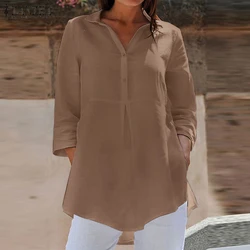 ZANZEA Fashion Summer Lapel Neck 3/4 Sleeve Solid Blouse Women Shirt Casual Loose Long Tops Tunic Femininas Work Blusas Chemise