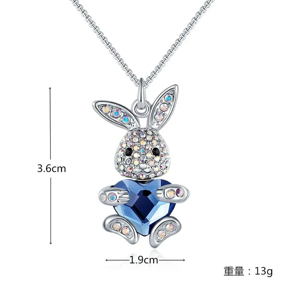 Cute Cartoon Rabbits Love Heart With Blue Crystal Necklace Bunny Pendant Charm Fashion Jewelry Drop Shipping