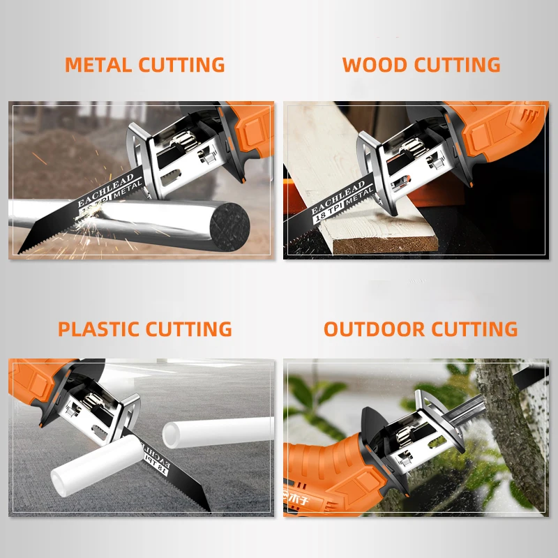 Cordless Reciprocating Saw Handsaw Metal Wood Pipe Cutting Multifunction Saw Rechargeable , Li-ion Battery Optional ,4Pcs Blades