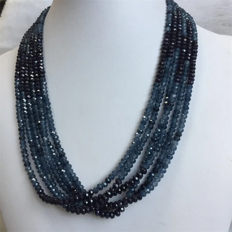 Double Blue Sapphire Chain Necklace for Women Natural Faceted Jade Stone Beads Choker Collares 3*4mm Abacus Gift Jewelry