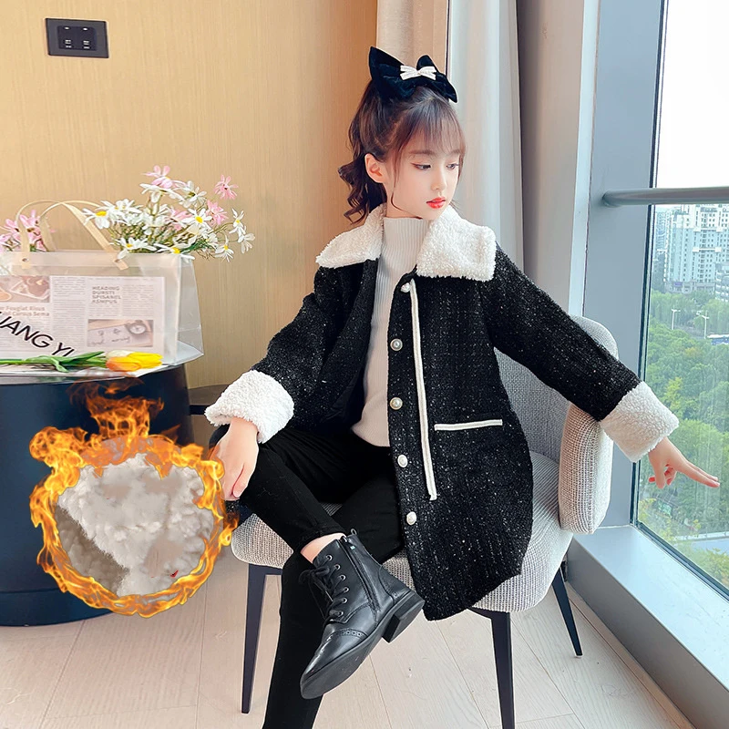 

Girls Boys Woolen Coat Jacket Cotton Outwear 2022 Black Warm Thicken Plus Velvet Winter Teenager High Quality Children's Clothin