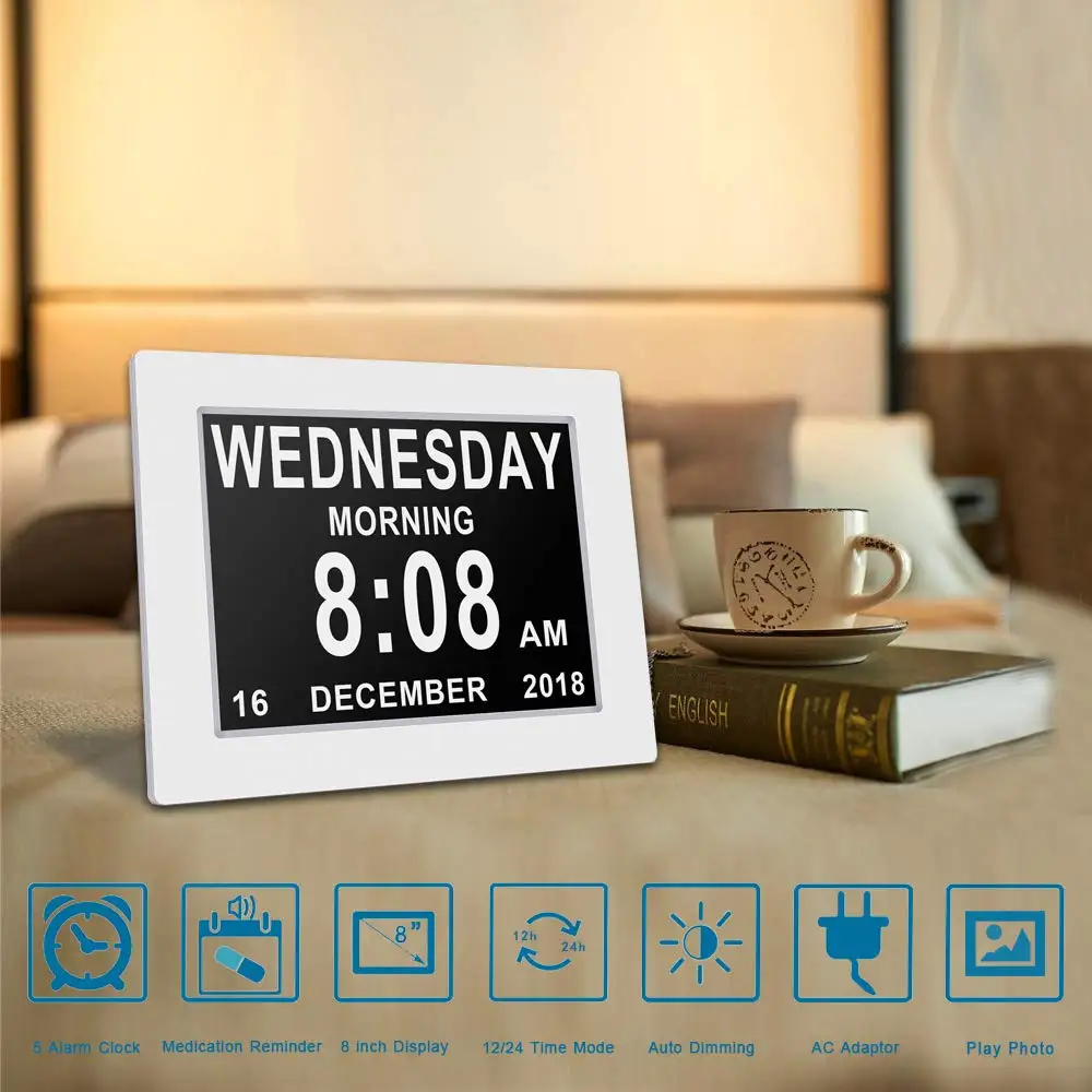 LED Digital Clock Calendar Day Home Decor Day/Week/Month/Year for Adolescent/ Elderly Dementia/Vision Impairment Support Night